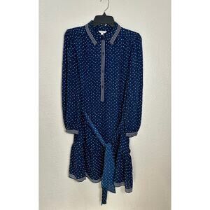 Max Studio London Navy Blue Polka Dot Long Sleeve Tie-Waist Dress NWT